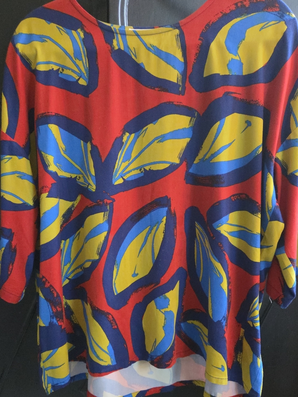 Anthropologie Bold Red Leaf Print Blouse with Yellow & Blue Accents